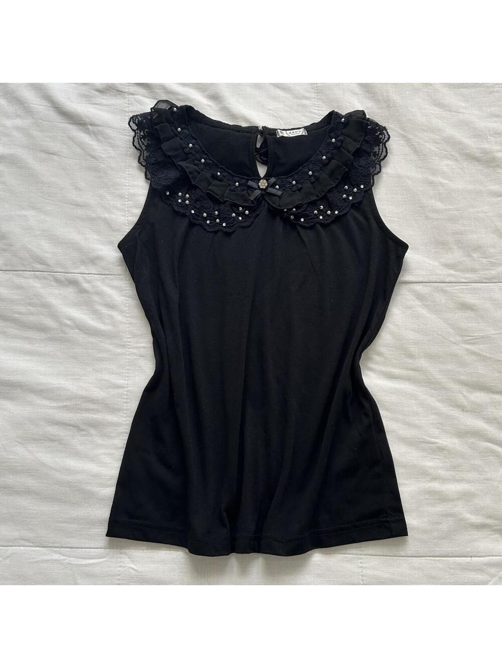Axes Femme Black Sleeveless Top Lace Ruffle Pearl Ribbon Bow Medium